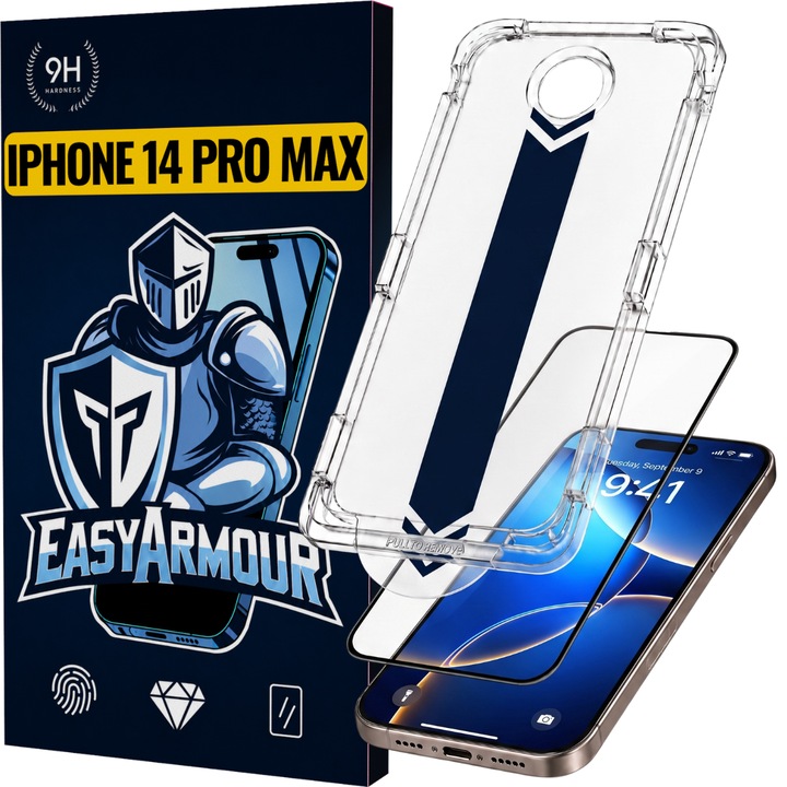 Folie Sticla pentru iPhone 14 Pro Max cu Aplicator, Aplicare Usoara in 5 Secunde, Duritate 9H, Full Cover 3D, Tratament Oleofobic Anti-Amprenta, Instalare Fara Bule, Margini Negre, Protectie Premium Rezistenta la Socuri, EasyArmour