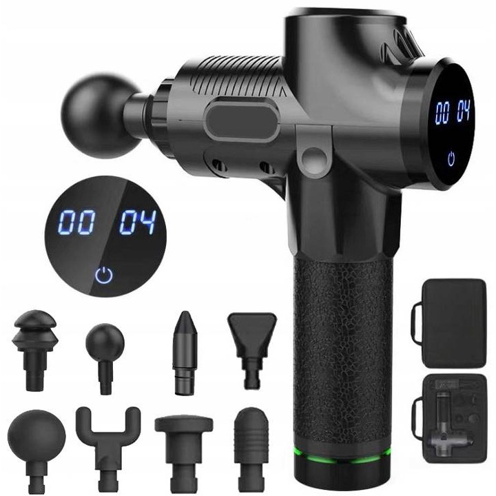 Pistol de masaj, Omna, Model 2023, Negru, 100w, 8 capete interschimbabile, Panou tactil lcd, Baterie reincarcabile 2500mah