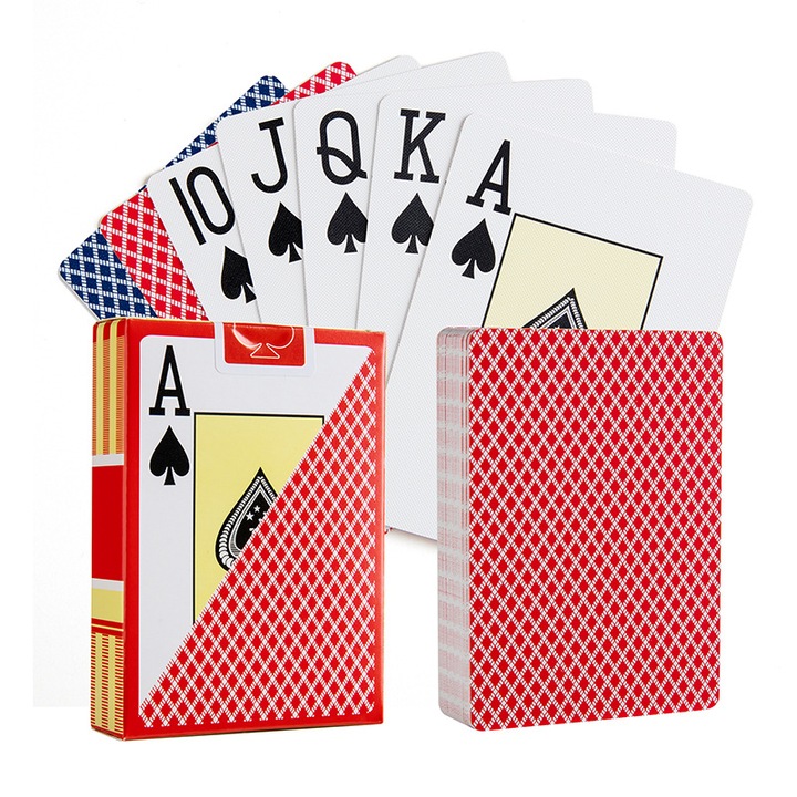 Set de carti de poker, 100% plastic, flexibil si impermeabil, design cu font mare, rosu