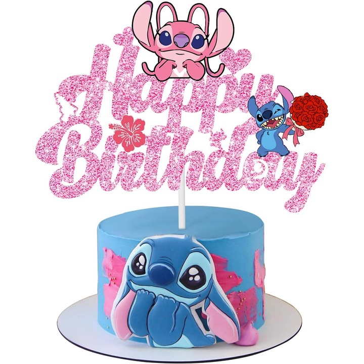 Accesoriu tort, decorare tort de ziua de nastere, stil Lilo & Stitch, roz