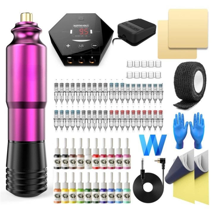 Пълен комплект машина за татуиране, WALALLA, 40 касети, 20 мастила, 3,5 мм, лилава слива, за начинаещи и професионалисти