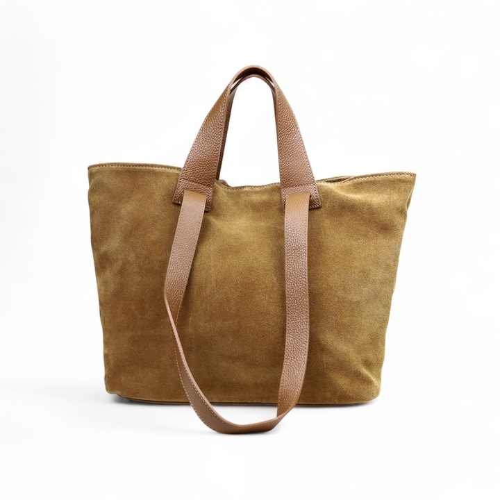 Geanta shopper Moranti din piele intoarsa, aramiu, 5 buzunare, dimensiuni mari