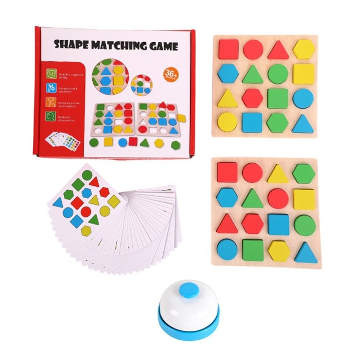 Joc pentru copiere de modele, sortare, invatarea culorilor, orientare spatiala, rapiditate, dezvoltarea atentiei, cresa, gradinita, Montessori, puzzle educational lemn, materiale rezistente, 2 table, clopotel, 30 carduri, multicolor, 36 luni+, SIPEDO