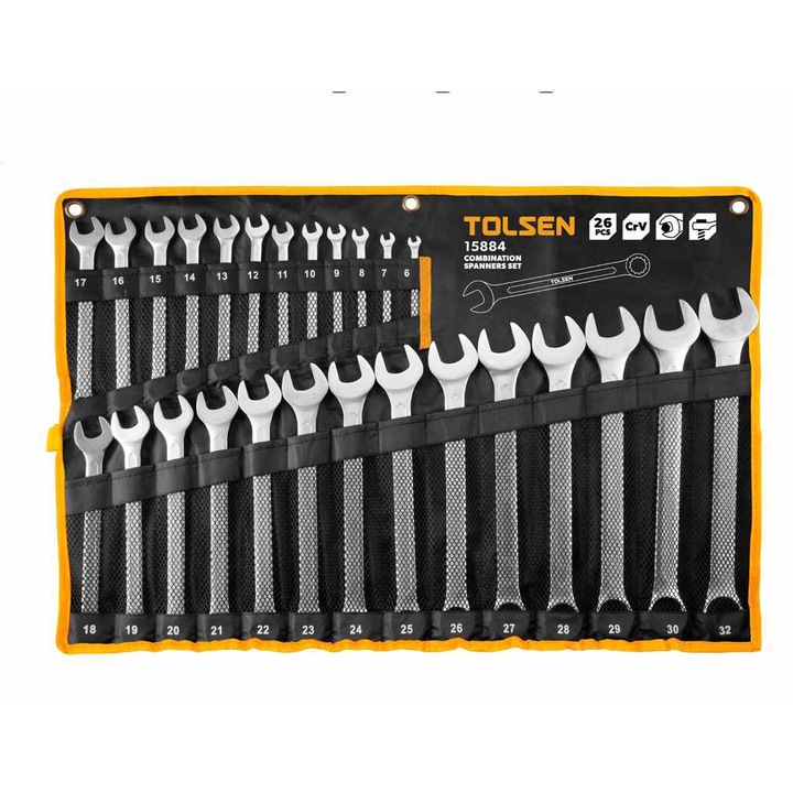 Kombinált csavarkulcs készlet 26 db, Méretek: 6-32mm, Cr-V, DIN3110 szerint gyártva, krómozott, matt felületű, TOLSEN
