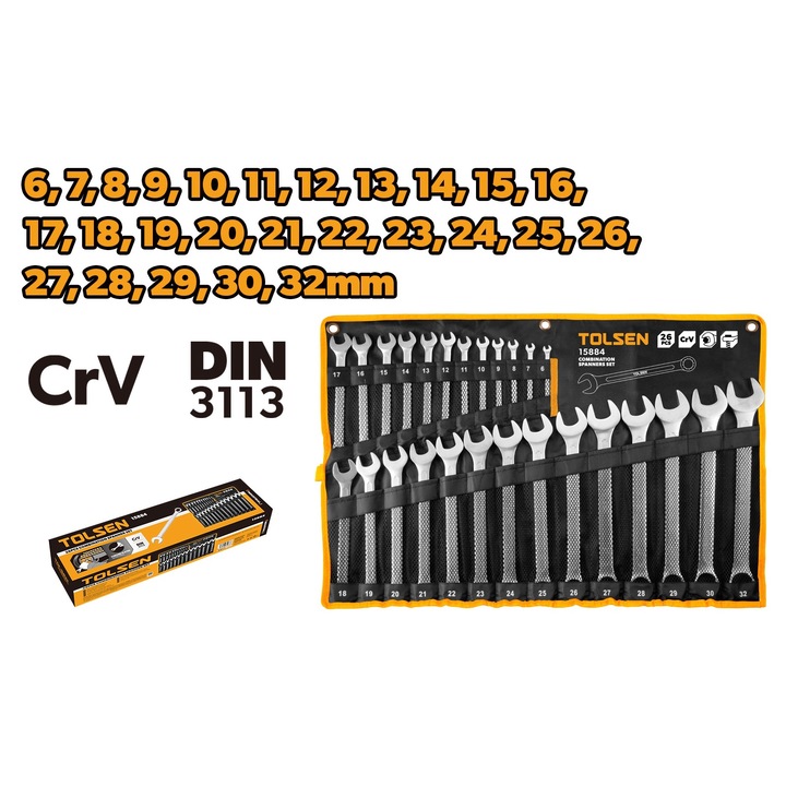 Set Chei Combinate 26 Piese, Dimensiuni: 6-32mm, Cr-V, Fabricat conform DIN3110, Placuit cu Crom, Finisaj Mat, TOLSEN
