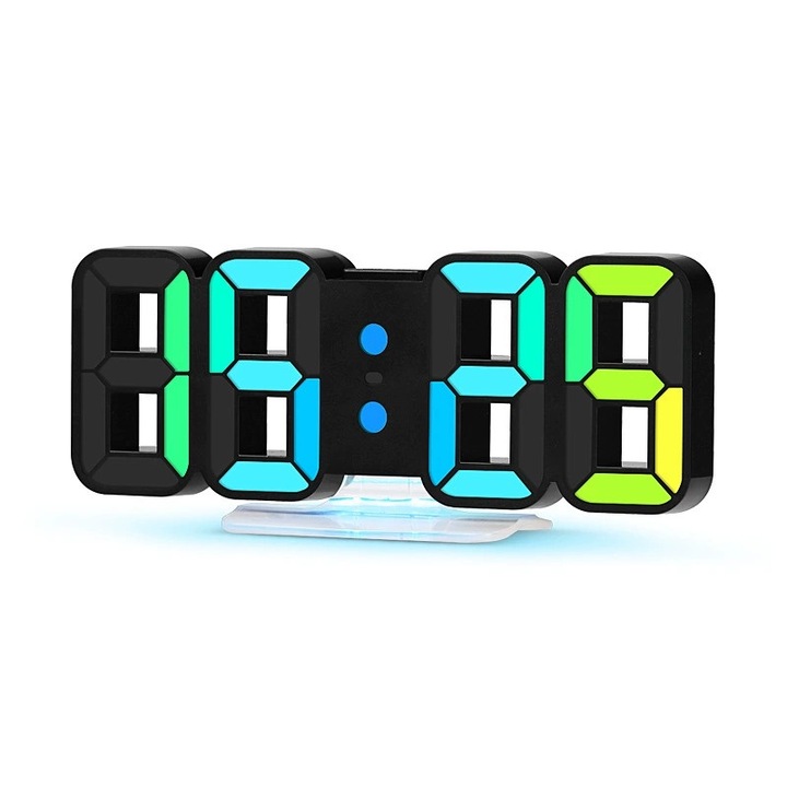Ceas electronic, 3D, telecomanda, lumini RGB, 8 functii, 4 luminozitati, negru
