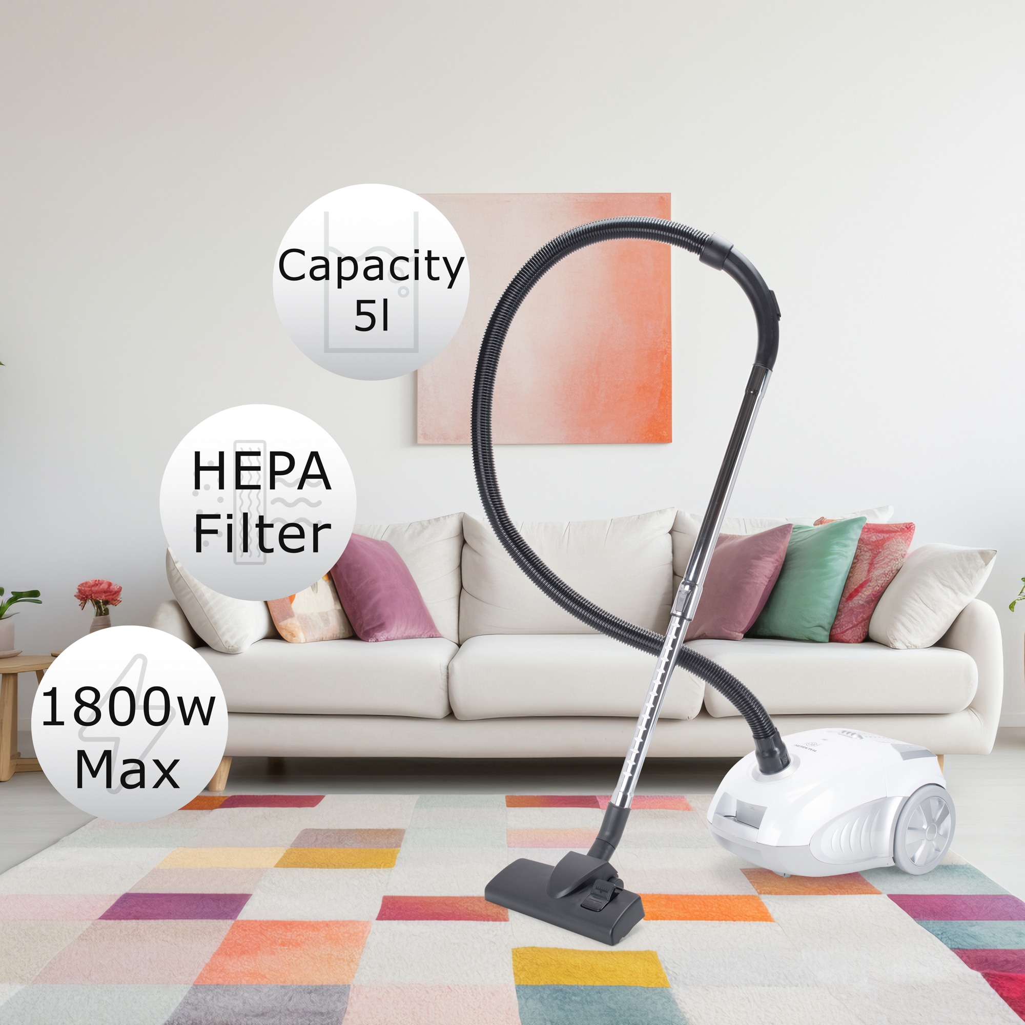 Aspirator cu sac HAUSBERG HB-2877AB, 800 W, Nivel zgomot 82 dB, Aspirare uscata, Protectie motor, Sistem de rulare a cablului, Lungime cablu 5, 4 L, Alb/Gri