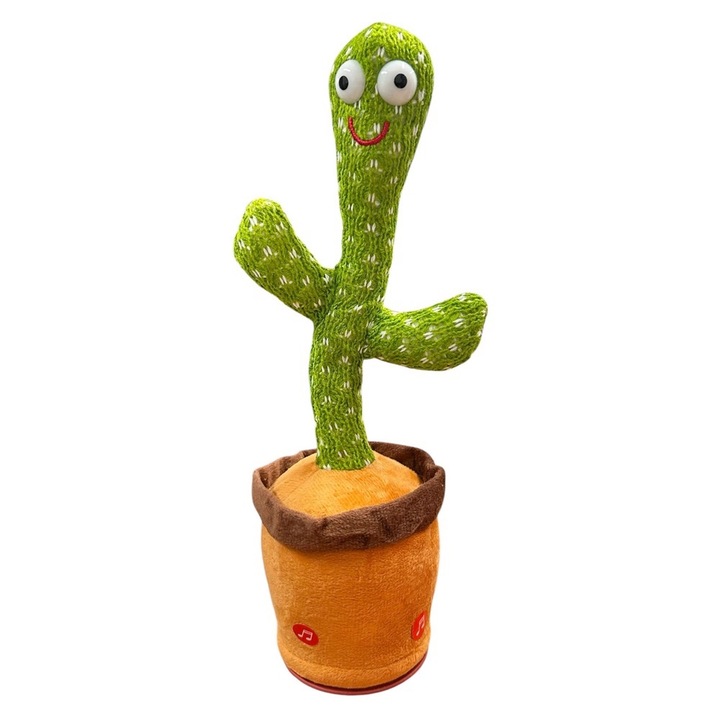 Jucarie de plus Cactus care danseaza, canta, repeta, cu mod de inregistrare, cu lumini, reincarcabil, verde/maro, 35 cm, Vivo HS-359