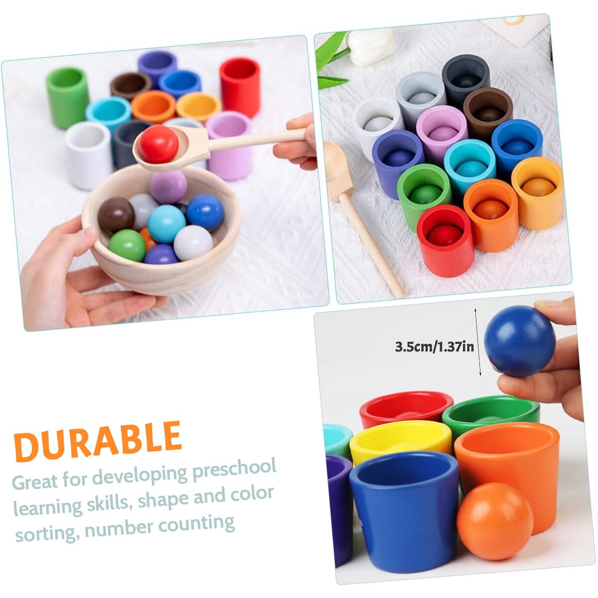 Joc educativ Montessori, set cu 12 mingi colorate din lemn, joc de