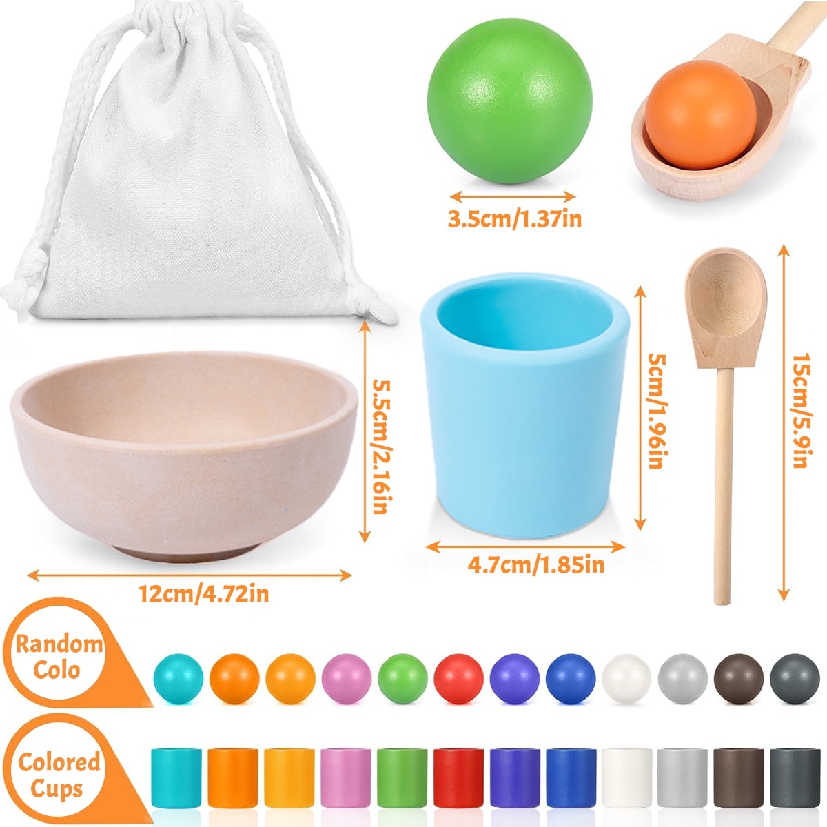 Joc educativ Montessori, set cu 12 mingi colorate din lemn, joc de