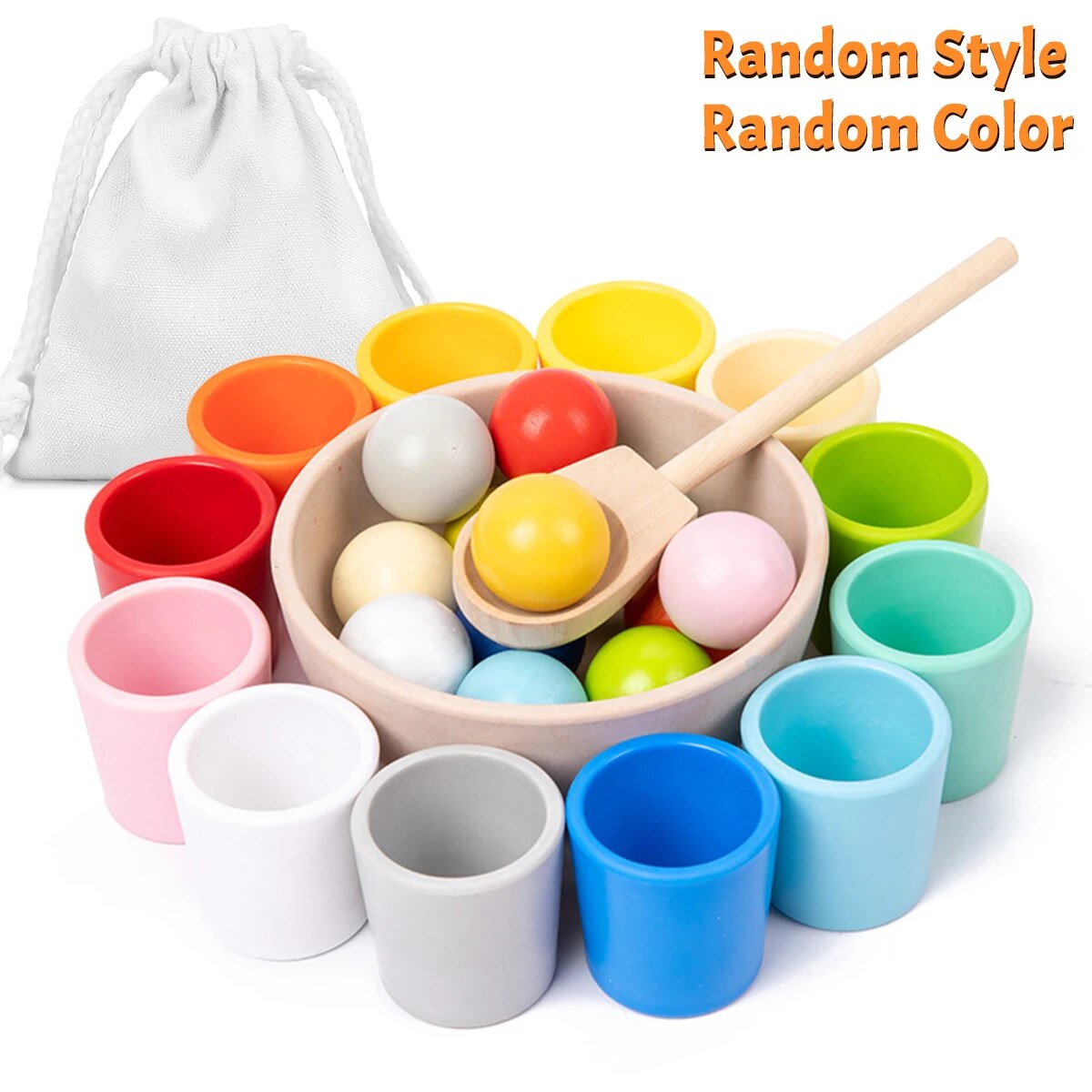 Joc educativ Montessori, set cu 12 mingi colorate din lemn, joc de