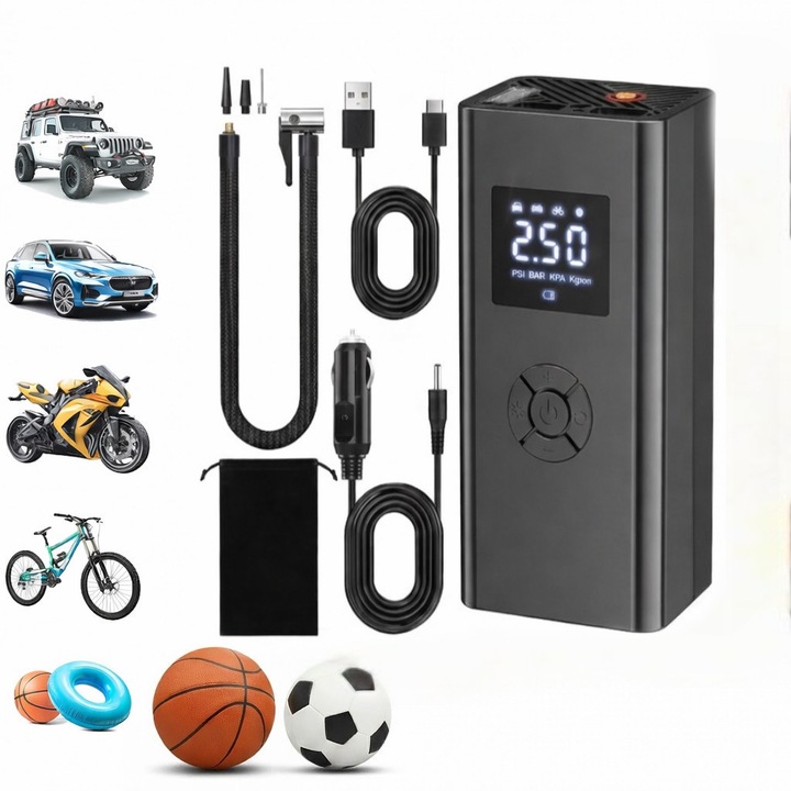 Pompa aer auto electrica, afisaj digital LCD, Lanterna LED, Portabila, Reincarcare USB sau la bricheta masinii, baterie 4500 mAh, Manometru digital, Negru