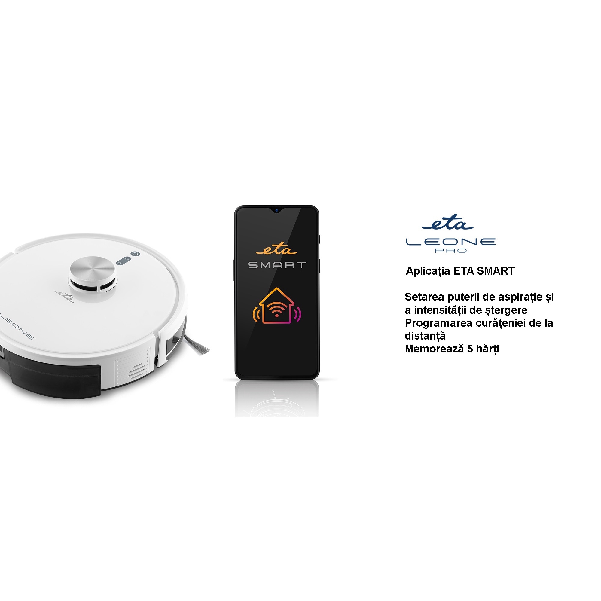 Robot aspirator si mop ETA Leone Pro 6244 90000, baterie Li-Ion 14.4 V/ 5200 mAh, Wi-Fi, navigatie laser, motor digital, alb