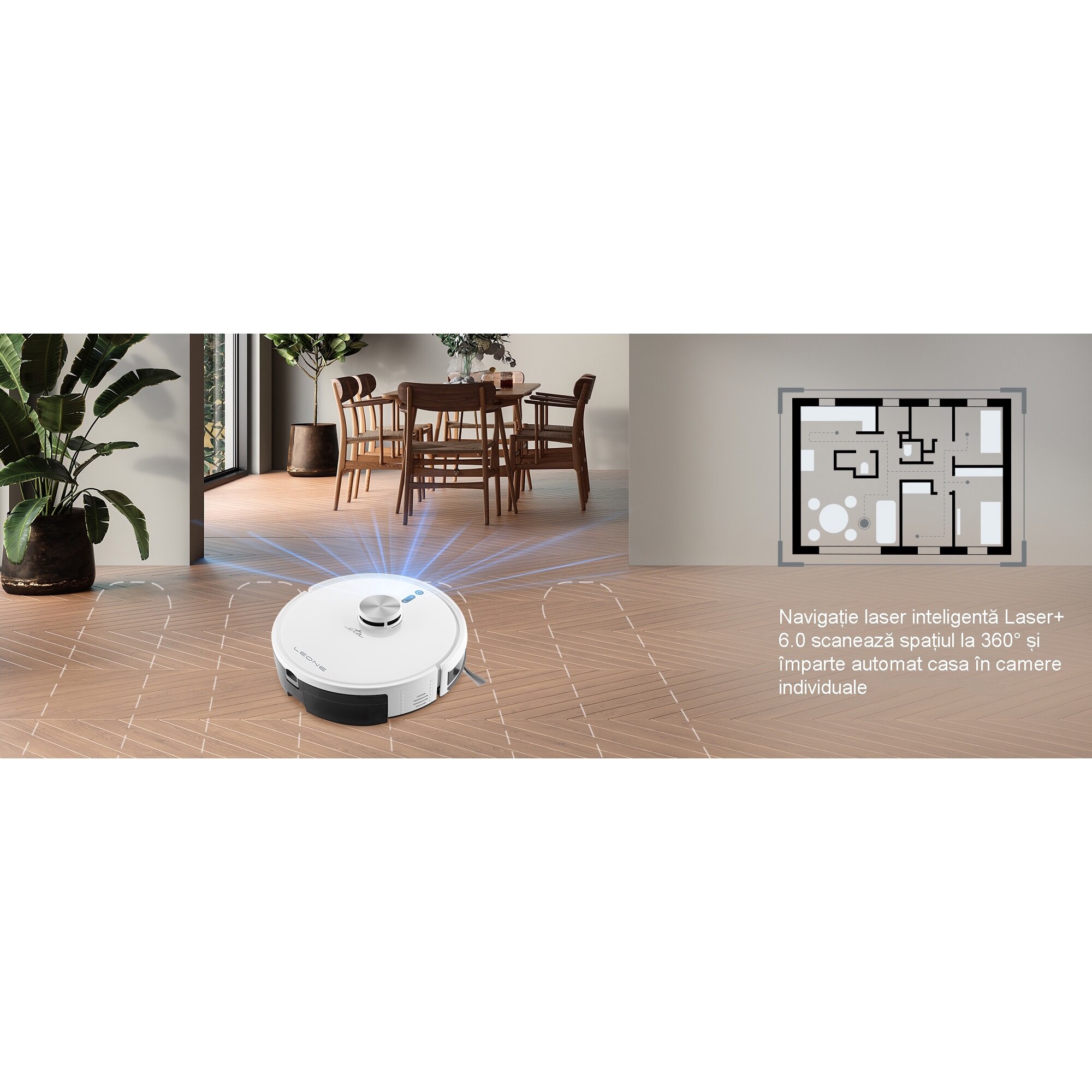 Robot aspirator si mop ETA Leone Pro 6244 90000, baterie Li-Ion 14.4 V/ 5200 mAh, Wi-Fi, navigatie laser, motor digital, alb