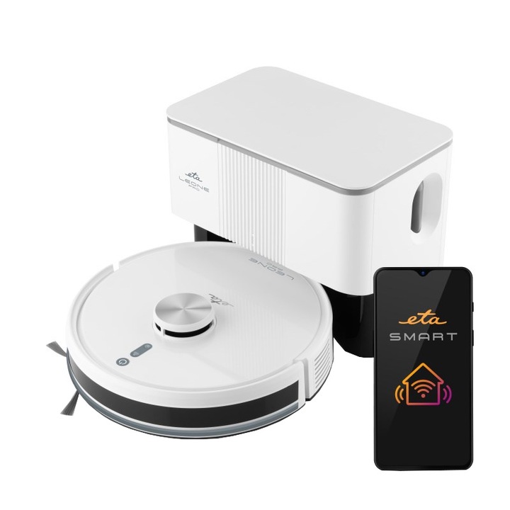 Robot aspirator si mop ETA Leone Pro 6244 90000, baterie Li-Ion 14.4 V/ 5200 mAh, Wi-Fi, navigatie laser, motor digital, alb