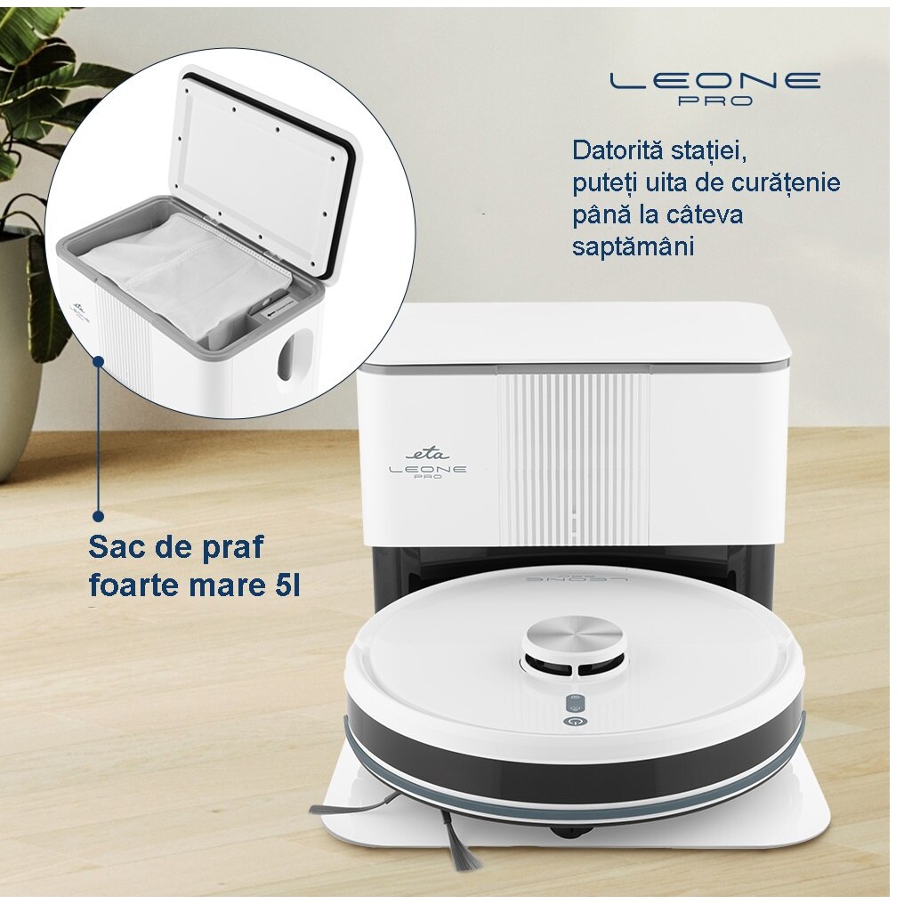 Robot aspirator si mop ETA Leone Pro 6244 90000, baterie Li-Ion 14.4 V/ 5200 mAh, Wi-Fi, navigatie laser, motor digital, alb