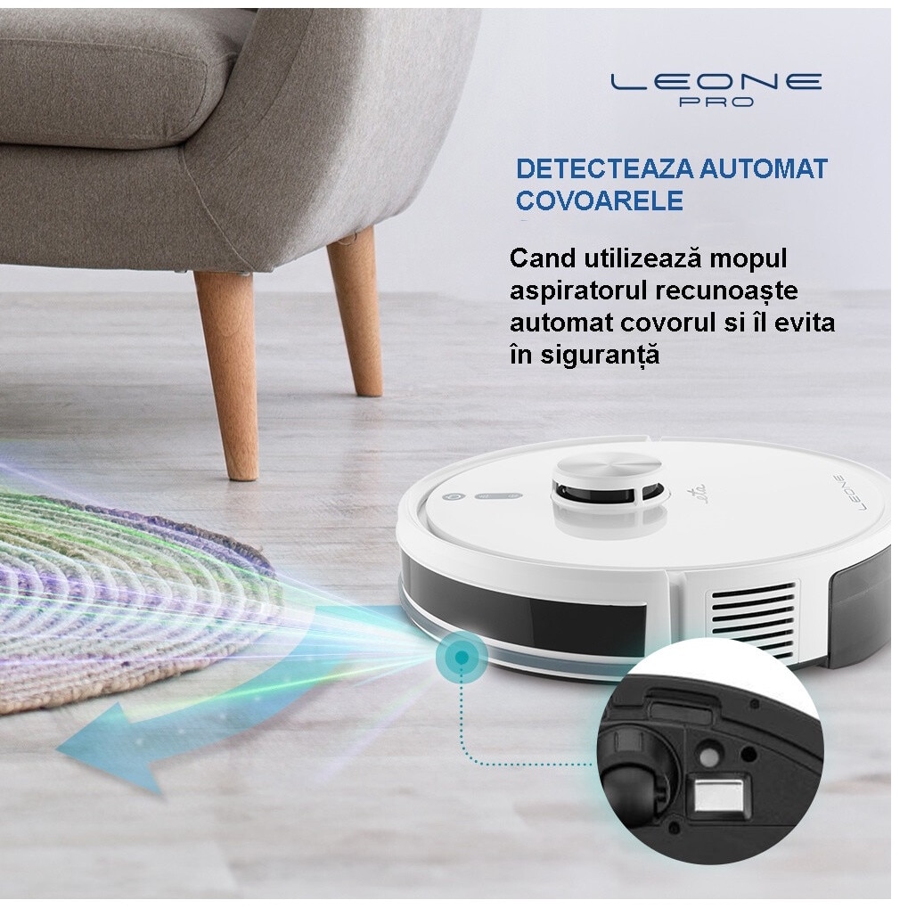 Robot aspirator si mop ETA Leone Pro 6244 90000, baterie Li-Ion 14.4 V/ 5200 mAh, Wi-Fi, navigatie laser, motor digital, alb