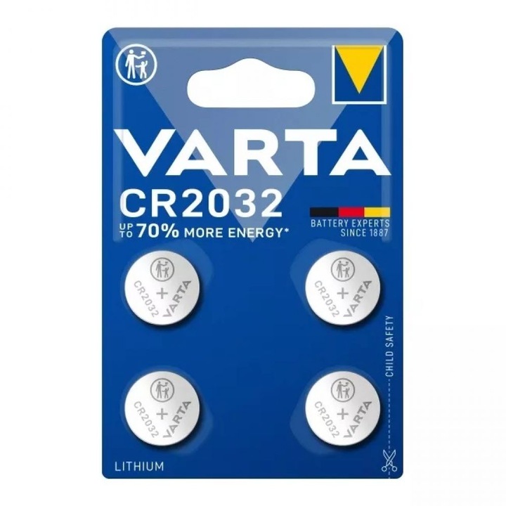 Baterie litiu Varta CR2032 3V set 4 bucati, cu 70% mai multa energie