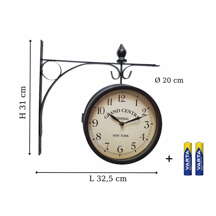 Ceas de perete cu doua fete, analogic, din metal, cu suport, 2 baterii incluse, silentios, negru, Ø 20 cm, h 31 cm, L 32,5 cm
