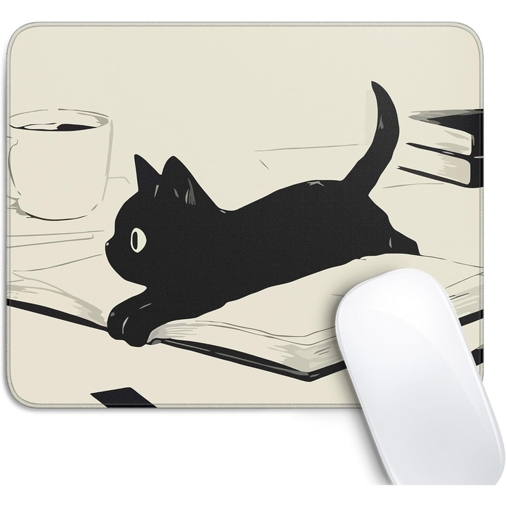 Mouse pad cu Pisica Neagra, 21x26cm, baza din cauciuc antiderapant, design anime kawaii cu margini cusute, accesoriu dragut pentru birou, laptop, computer si calatorii