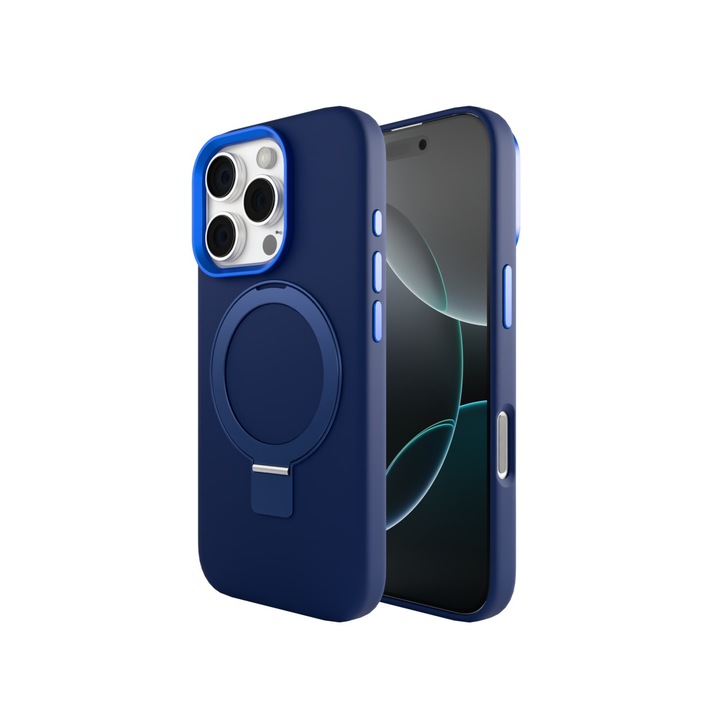 Husa pentru iPhone 16 Pro, Clip-On Silk Series with foldable stand, MagSafe Compatible, Albastru