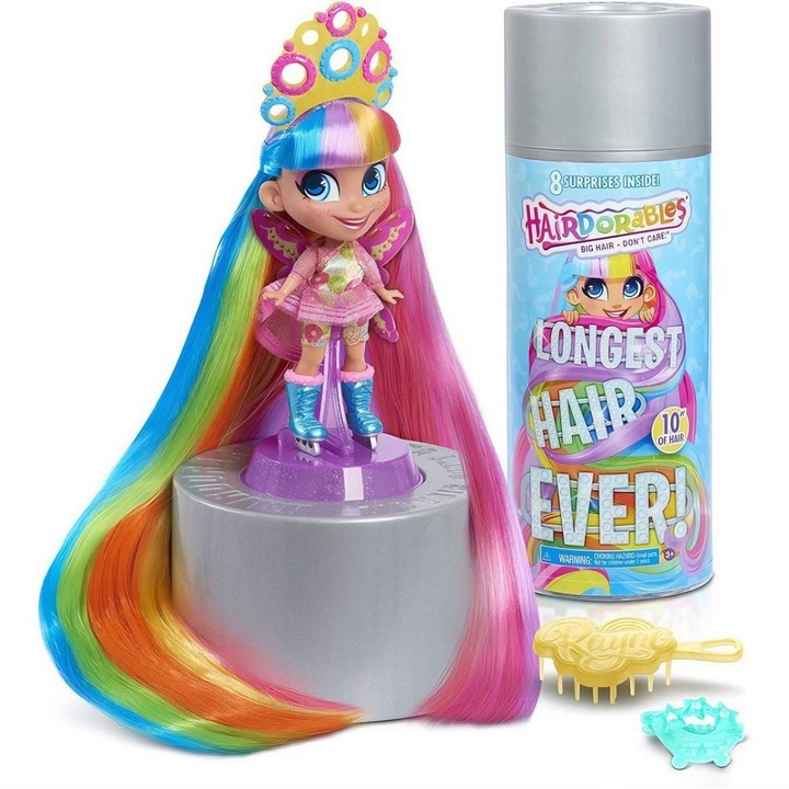 Кукла Hairdorables Rayne, най-дългата коса в цвят дъга, 24 см, 8 изненадващи аксесоара, невероятни прически, уникален и стилен тоалет, възраст 3+