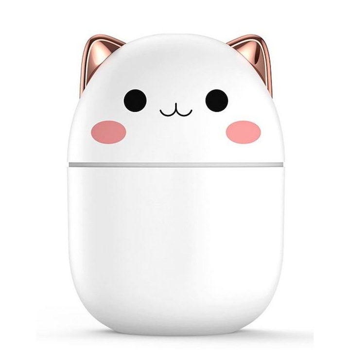 Diffúzor, légpárásító aranyos macska alakú 250 ml, Mini párásító éjszakai lámpával ABS, USB, Fehér