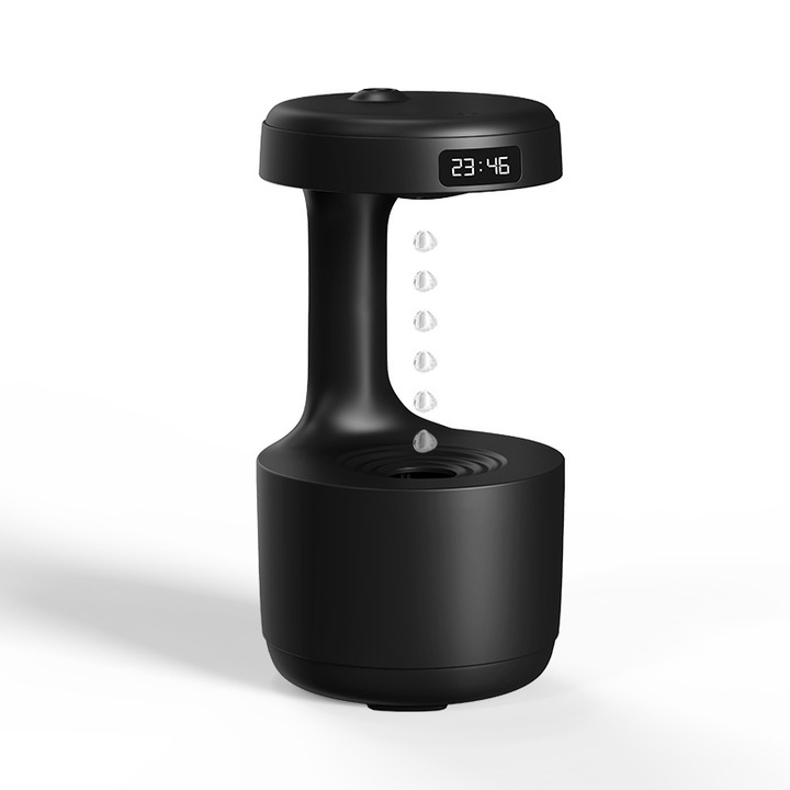 Umidificator, difuzer si ceas, ultrasonic, efect curgere antigravitational, rezervor 600 ml,10~15 ml/h, lumina ambientala, 5 V, ALB