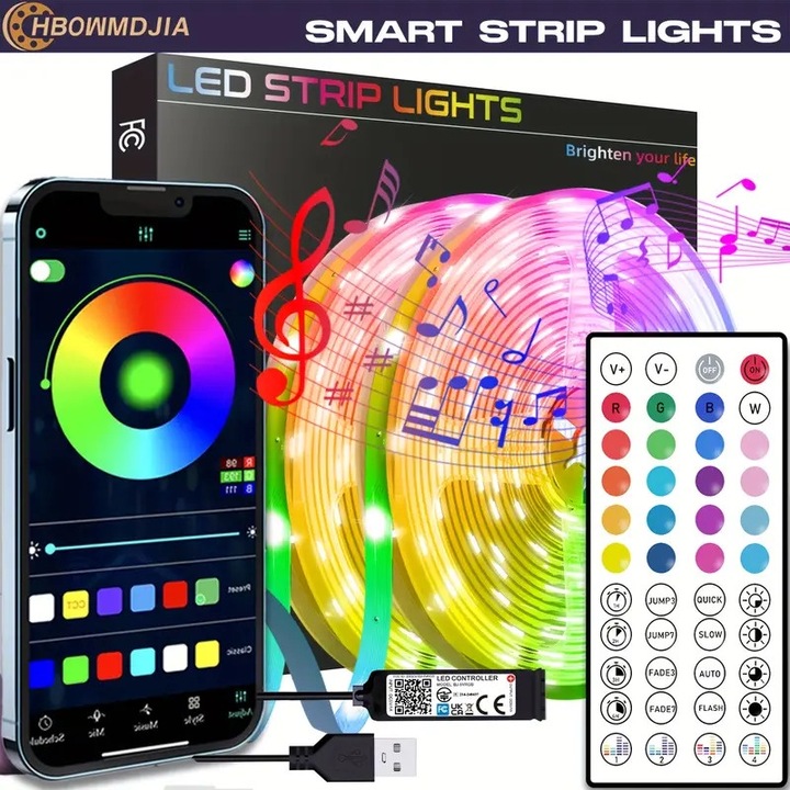 Banda LED RGB inteligenta, 10 m, Wi-Fi, sincronizare muzica