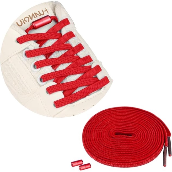 Еластични връзки за обувки, плоски връзки за обувки, с метални катарами в същия цвят, резервни връзки за обувки, регулируеми връзки за обувки, 110 * 0,6 см, подходящи за всички обувки за възрастни и деца, червени