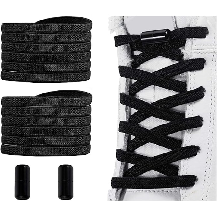 Еластични връзки за обувки, плоски връзки за обувки, с метални катарами в същия цвят, резервни връзки за обувки, регулируеми връзки за обувки, 110 * 0,6 см, подходящи за всички обувки за възрастни и деца, черни
