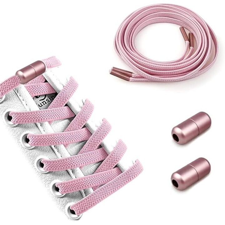 Еластични връзки за обувки, плоски връзки за обувки, с метални катарами в същия цвят, резервни връзки за обувки, регулируеми връзки за обувки, 110 * 0,6 см, подходящи за всички обувки за възрастни и деца, Розови