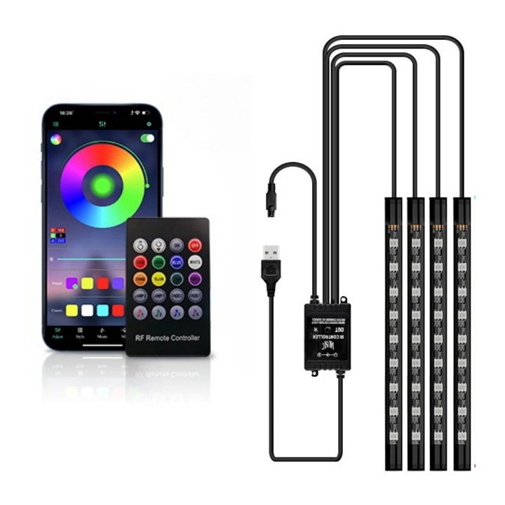 Lumina ambientala auto Fantasy, 4 benzi LED, multicolor, 2589x4cm, senzor muzica, cu telecomanda si control smartphone, incarcare USB