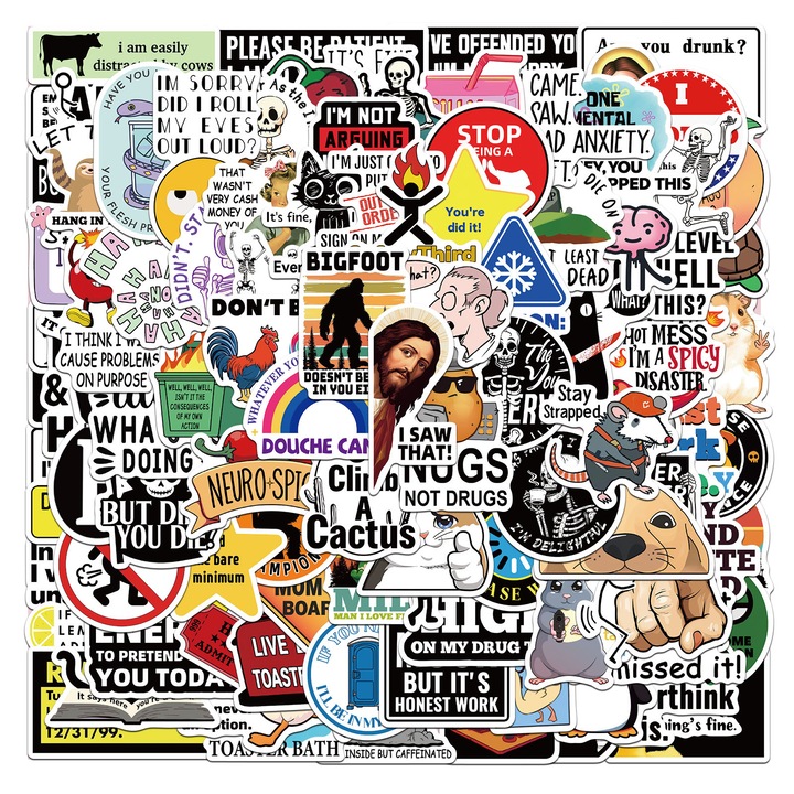 Set 100 Stickere Amuzante Meme, Vinyl Waterproof, Diverse Design, Multicolor