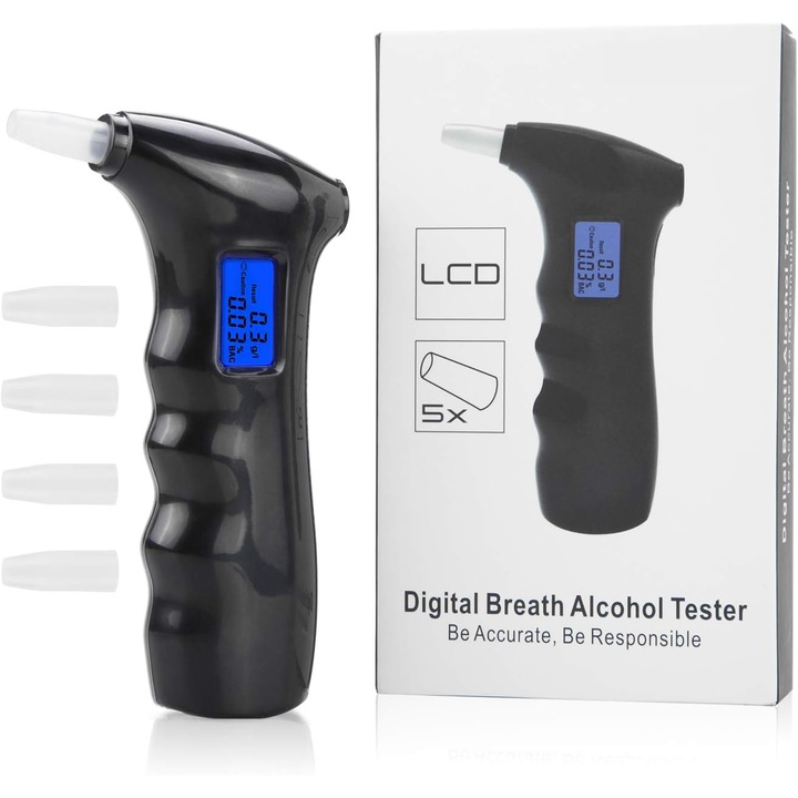 Alcool Tester Profesional Digital, Portabil, Analiza Rapida, Acuratete +/- 0.01%BAC, 5 mustiuc-uri incluse, Display LCD, Culoare Negru