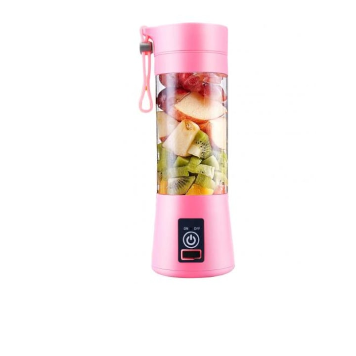 Mini Blender Portabil 4 in 1, electric, pentru prepararea de sucuri, 4 lame Pentru Calatorie, Incarcare USB, 1500 Mah, roz
