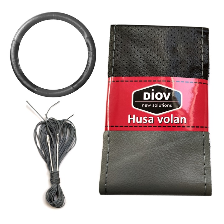 Husa Volan DIOV® New Style din Piele Naturala Neagra Perforata cu Piele Gri pentru volane cu diametrul de 37-38cm