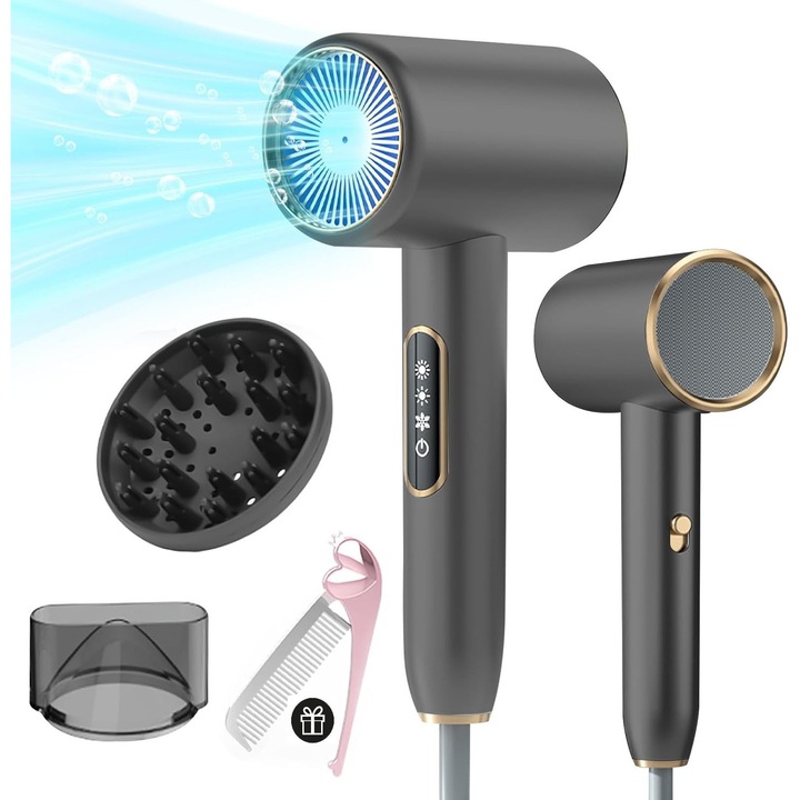 Професионален сешоар, EMV, ултрависока мощност 2400W, 3 режима на сушене, отрицателни йони с аромат, включени аксесоари