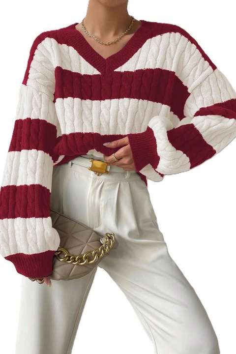 Pulover Dama, Bicolor cu Impletituri, Maneci Largi, Rosu Pal, S