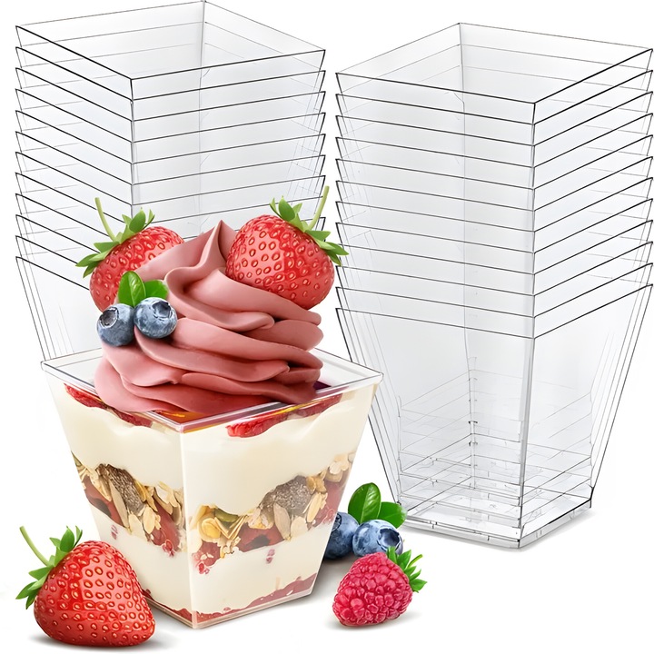 25 db RETOO DailyPro desszert és egyadagos pohár készlet, 150 ml, piramis alakú, polisztirol, BPA mentes, újrafelhasználható, átlátszó