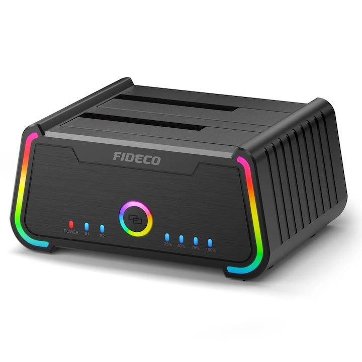 Докинг станция FIDECO, USB 3.0, съвместим с Rack, светлини за игри, SATA HDD/SSD 2.5"/3.5", 3 в 1 докинг станция с функция за офлайн клониране, компютър, PS5, лаптоп, смартфон, таблет, двойно отделение, черен