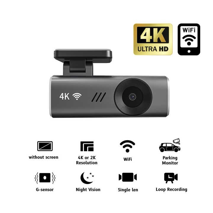 4K Dash Cam, Smart Dash Cam, Свръхкомпактна видеокамера, FULL HD 4K, 2160P или 2K, Рециклиран запис, Нощно виждане, G-сензор, 145° ъгъл на запис, запис при паркиране, Wifi