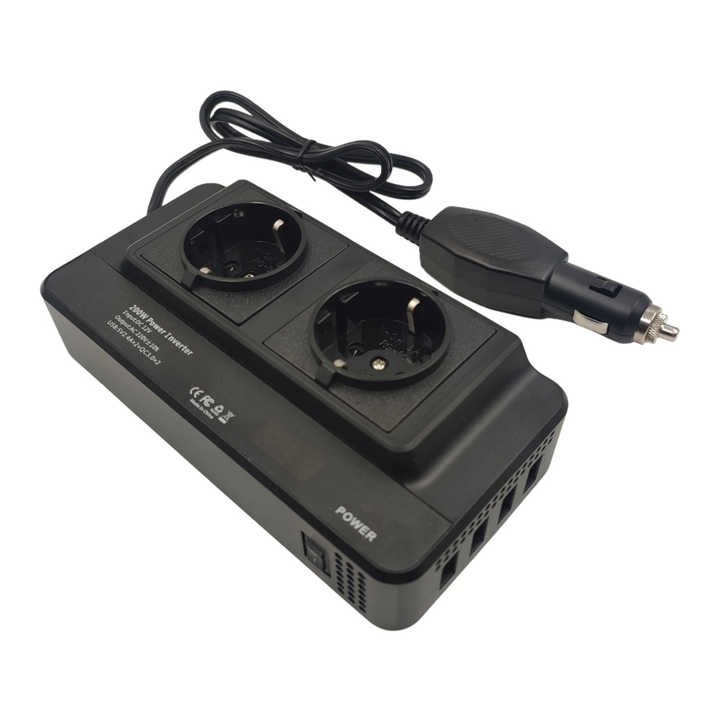 Invertor de Tensiune Auto 12V, 200w Incarcator auto, 2x 220V AC Prize, 2xUSB QC3.0 Fast Charge, 2xTip 5V/1.2A, Negru