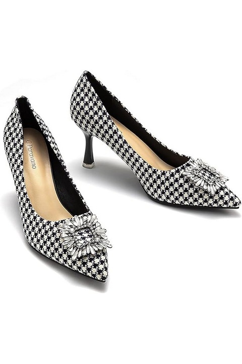 Pantofi Stiletto, toc 5.5 cm, catarama patrata, carouri alb negru, marimea 41, C.Paravano