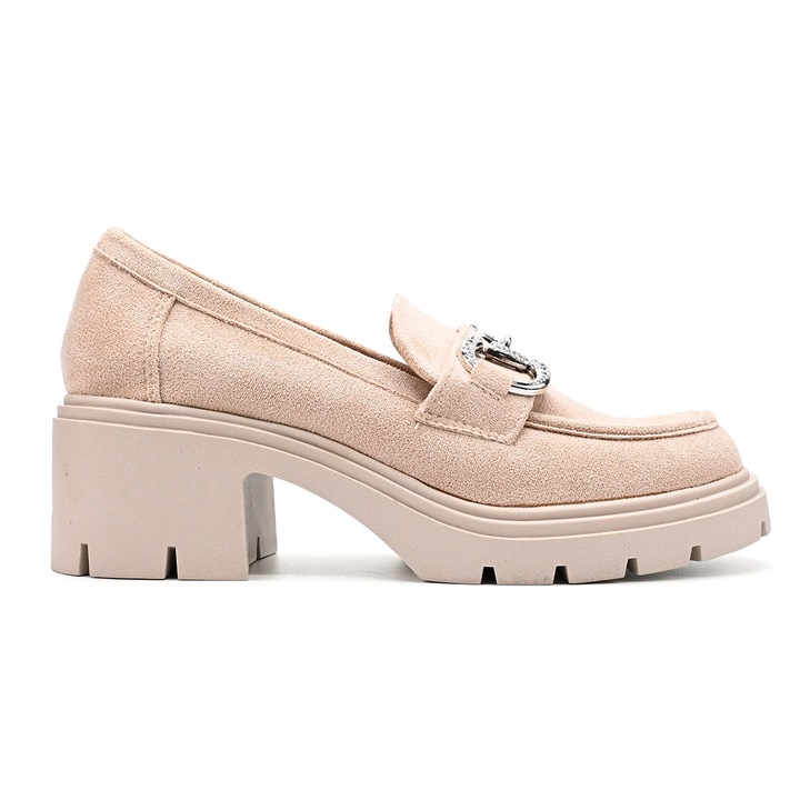 Pantofi casual de dama, Din piele ecologica, Cu toc gros, P1246, Bej 36 EU
