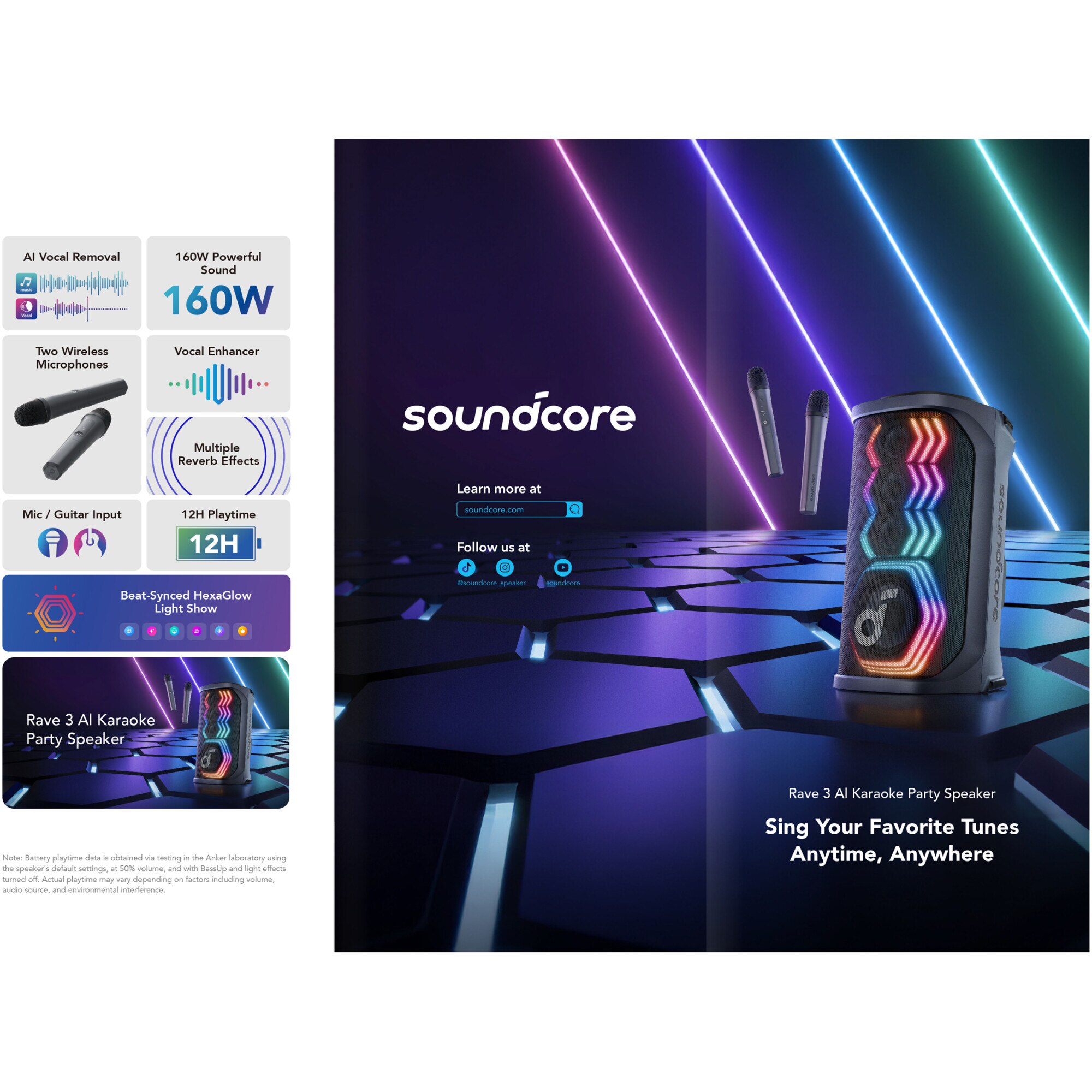 Boxa portabila Anker SoundCore Rave 3, 160W, Wireless, Bluetooth