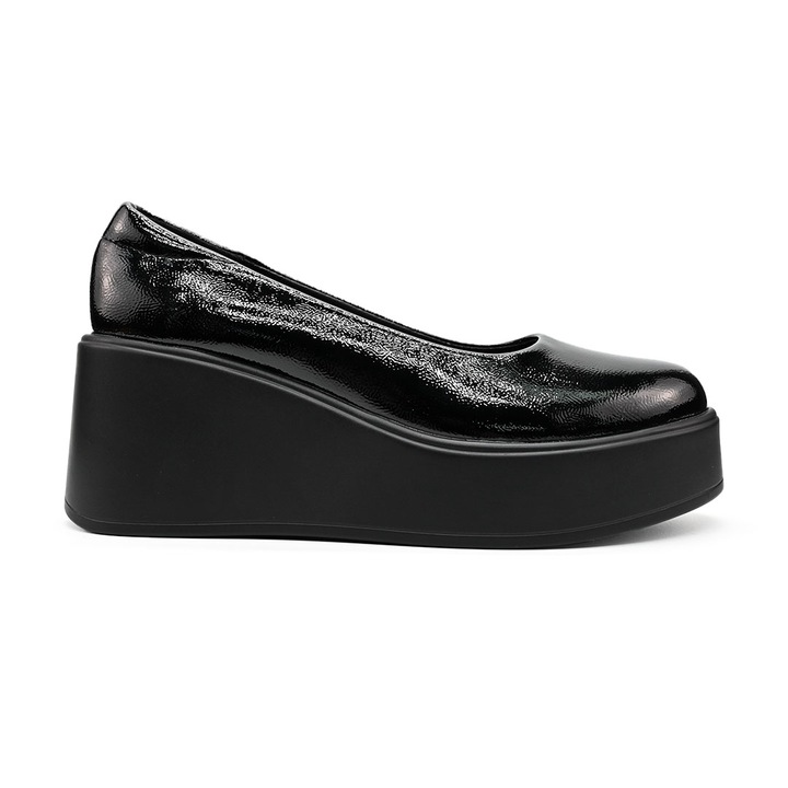 Pantofi casual de dama, Din piele ecologica, Cu Platforma, P1260, Negru lucios