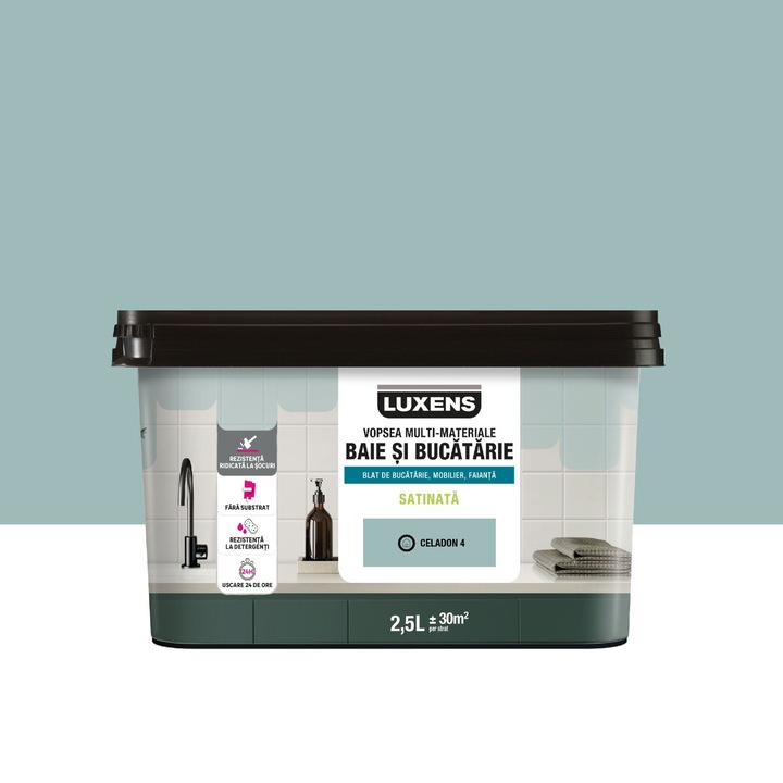 Több anyagú festék, vízbázisú, Luxens, fürdőszobába és konyhába, celadon zöld 4, szatén megjelenés, 2,5 L