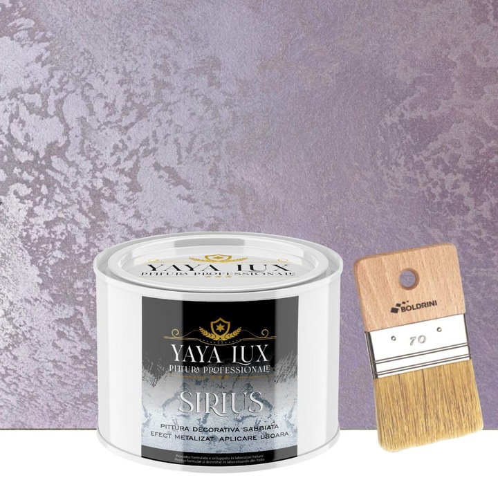 Vopsea Decorativa de Lux Sirius, Mov Deschis, Finisaj Mat cu Perle de Sticla, 0, 5 Litri si Pensula 70 mm, YaYa Color