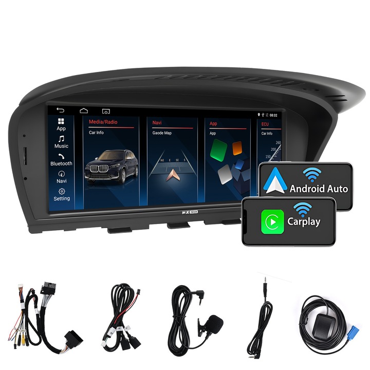 MaxTech, Navigációs BMW Series 5/3 ( E60 E61 E63 E64 E90 E91 E92 ) 2009 - 2012 Android 13 és CarPlay, 8,8 hüvelykes IPS képernyő, 2 GB RAM 32 GB ROM, GPS, CIC, WIFI, DSP, Bluetooth funkciók , Waze